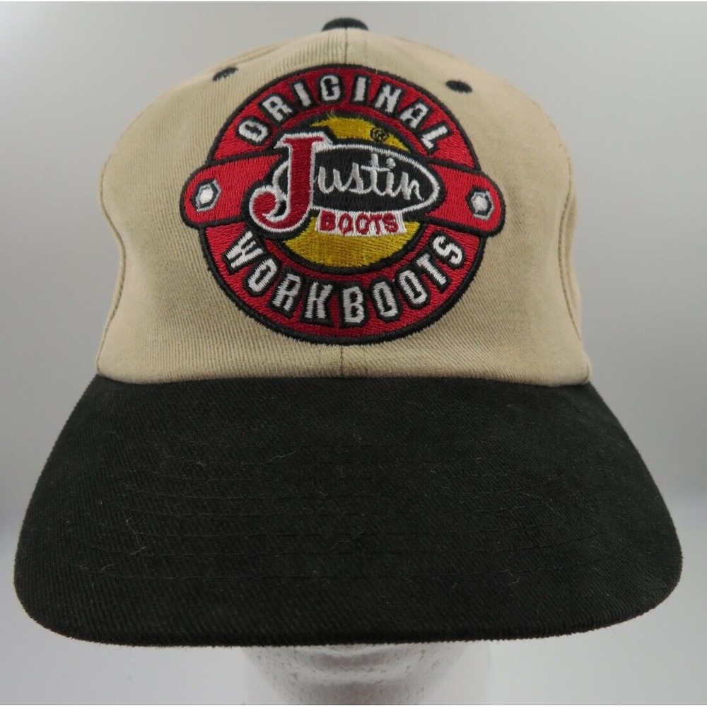 Vintage 90's Justin Work Boots Embroid Logo Strapback Hat Tan Cap Western Cowboy